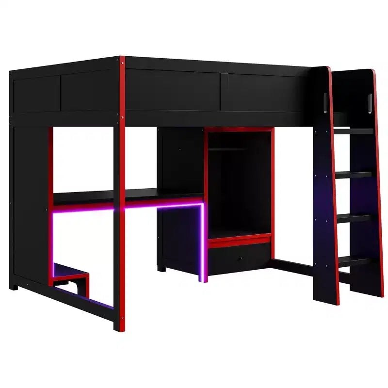 Lit mezzanine moderne en bois avec bureau intégré, armoire, LED et 1 tiroir