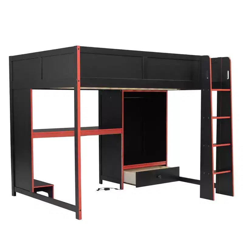 Lit mezzanine moderne en bois avec bureau intégré, armoire, LED et 1 tiroir