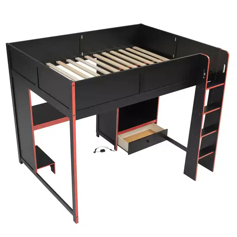 Lit mezzanine moderne en bois avec bureau intégré, armoire, LED et 1 tiroir