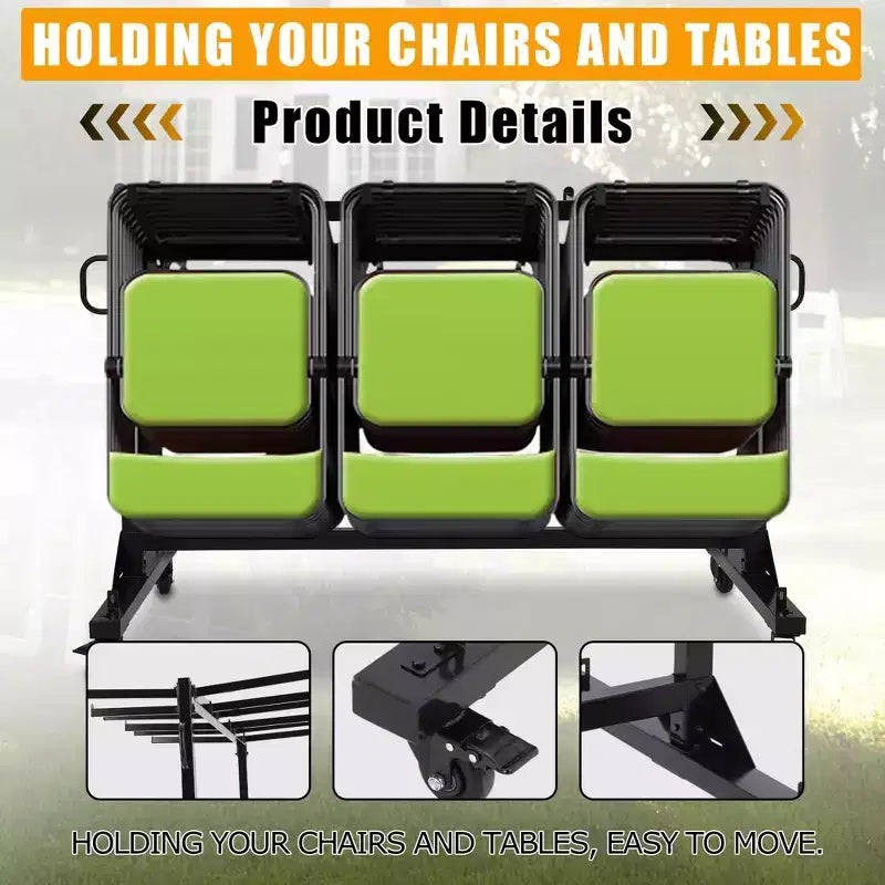 Chariot de rangement pour chaises pliantes avec roues et support, capacité de 360 kg, housse étanche incluse