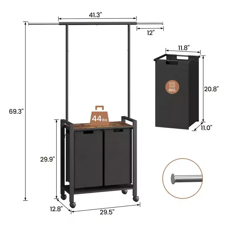 Section de tri de linge avec barre de suspension extensible, panier à linge robuste avec roulettes verrouillables et étagère, organisation de la buanderie