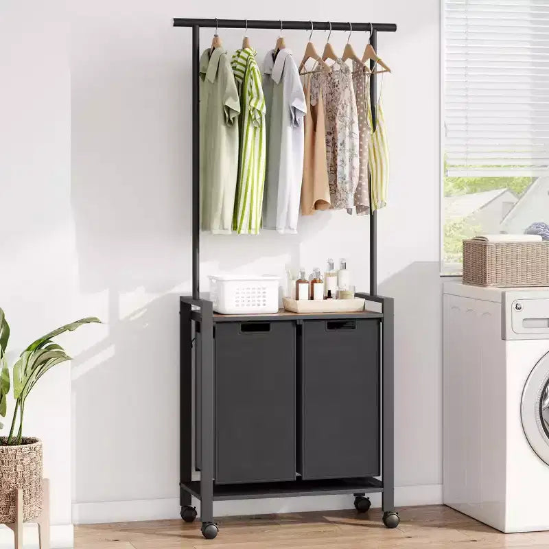 Section de tri de linge avec barre de suspension extensible, panier à linge robuste avec roulettes verrouillables et étagère, organisation de la buanderie