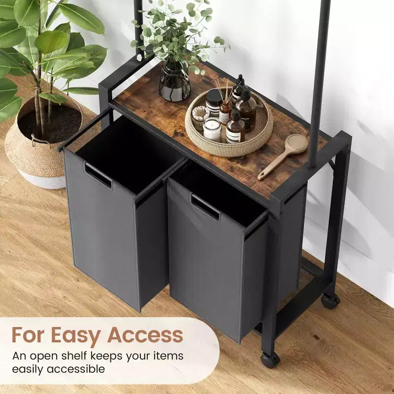 Section de tri de linge avec barre de suspension extensible, panier à linge robuste avec roulettes verrouillables et étagère, organisation de la buanderie