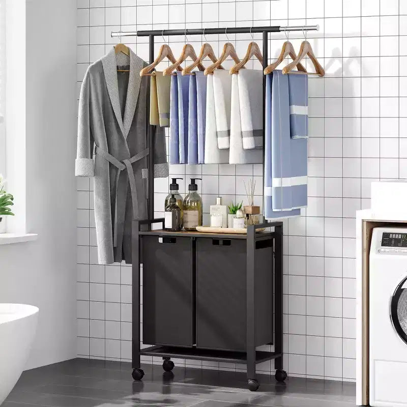 Section de tri de linge avec barre de suspension extensible, panier à linge robuste avec roulettes verrouillables et étagère, organisation de la buanderie