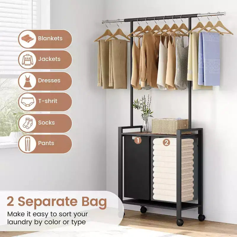 Section de tri de linge avec barre de suspension extensible, panier à linge robuste avec roulettes verrouillables et étagère, organisation de la buanderie