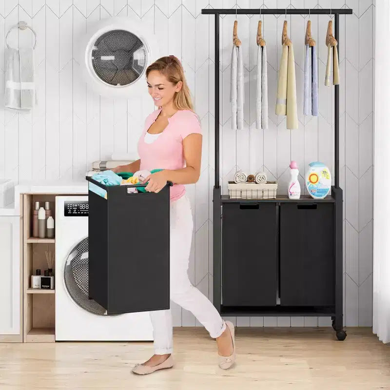 Section de tri de linge avec barre de suspension extensible, panier à linge robuste avec roulettes verrouillables et étagère, organisation de la buanderie
