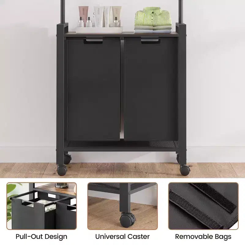 Section de tri de linge avec barre de suspension extensible, panier à linge robuste avec roulettes verrouillables et étagère, organisation de la buanderie