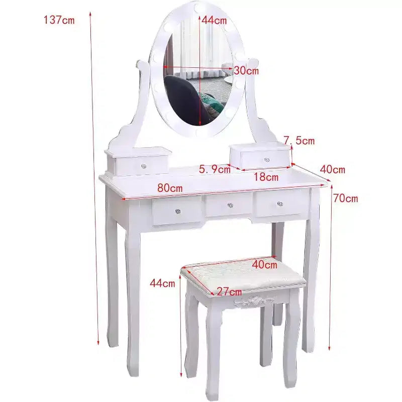 Coiffeuse moderne avec miroir LED, 5 tiroirs de rangement, tabouret moelleux, design convertible, assemblage rapide