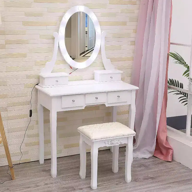 Coiffeuse moderne avec miroir LED, 5 tiroirs de rangement, tabouret moelleux, design convertible, assemblage rapide