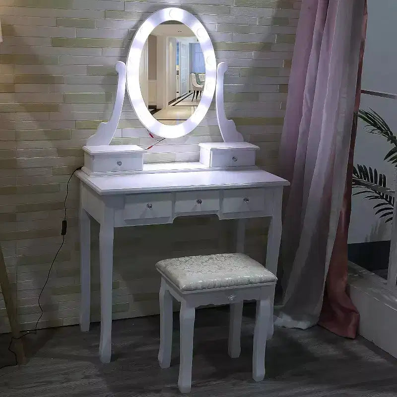 Coiffeuse moderne avec miroir LED, 5 tiroirs de rangement, tabouret moelleux, design convertible, assemblage rapide