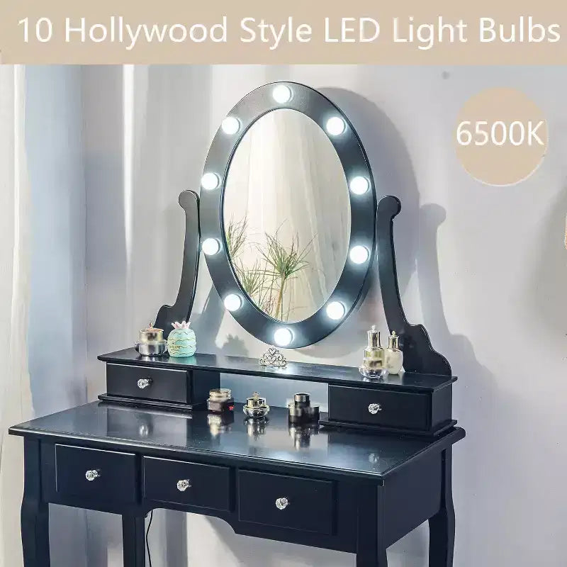 Coiffeuse moderne avec miroir LED, 5 tiroirs de rangement, tabouret moelleux, design convertible, assemblage rapide