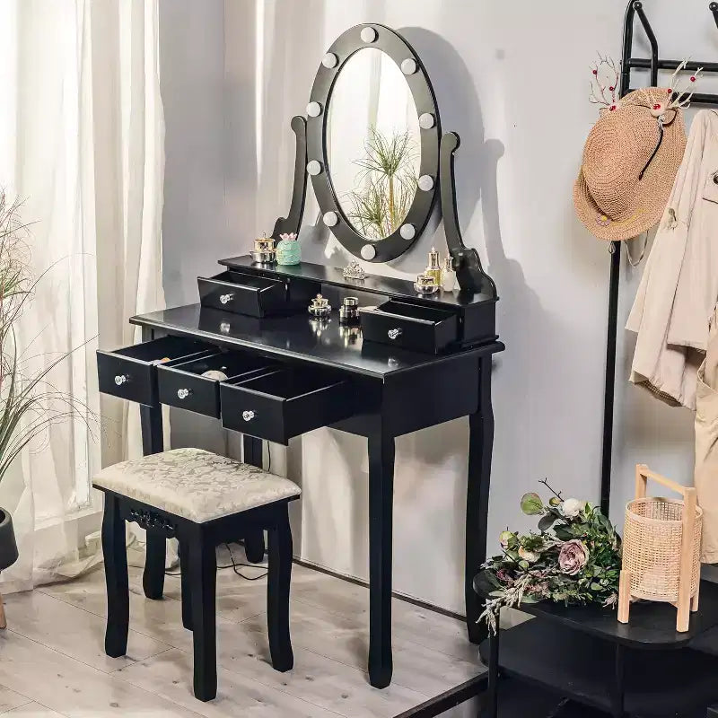 Coiffeuse moderne avec miroir LED, 5 tiroirs de rangement, tabouret moelleux, design convertible, assemblage rapide