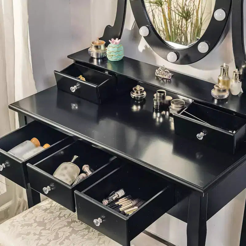 Coiffeuse moderne avec miroir LED, 5 tiroirs de rangement, tabouret moelleux, design convertible, assemblage rapide