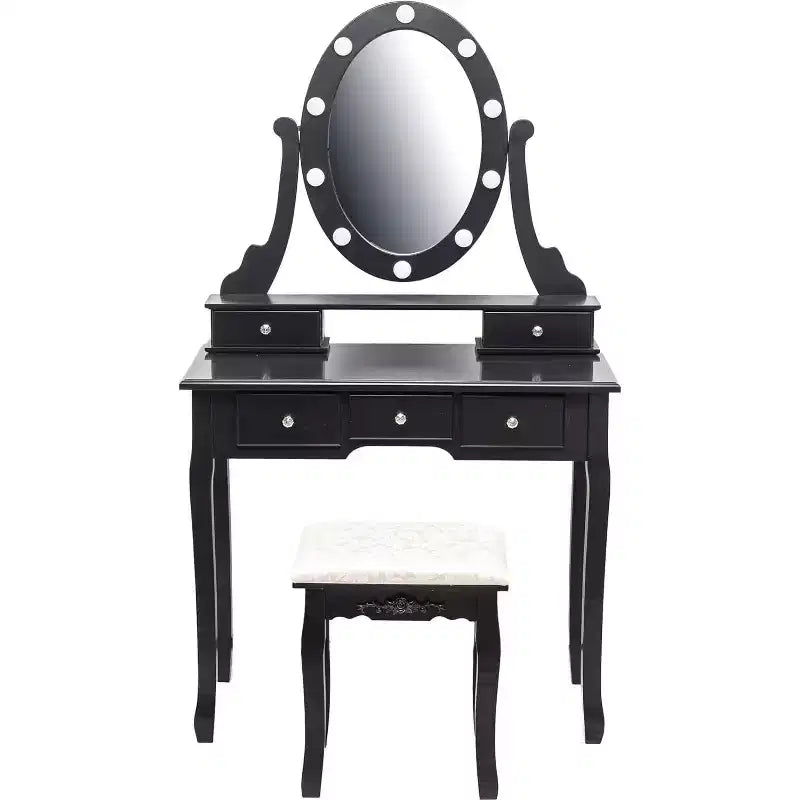 Coiffeuse moderne avec miroir LED, 5 tiroirs de rangement, tabouret moelleux, design convertible, assemblage rapide