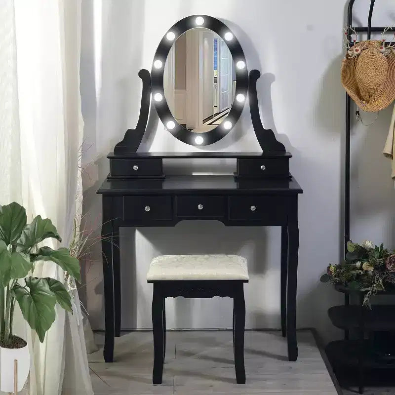 Modern Makeup Vanity Desk  LED Mirror, 5 Storage Drawers, Plush Stool, Convertible Design, Quick Assembly