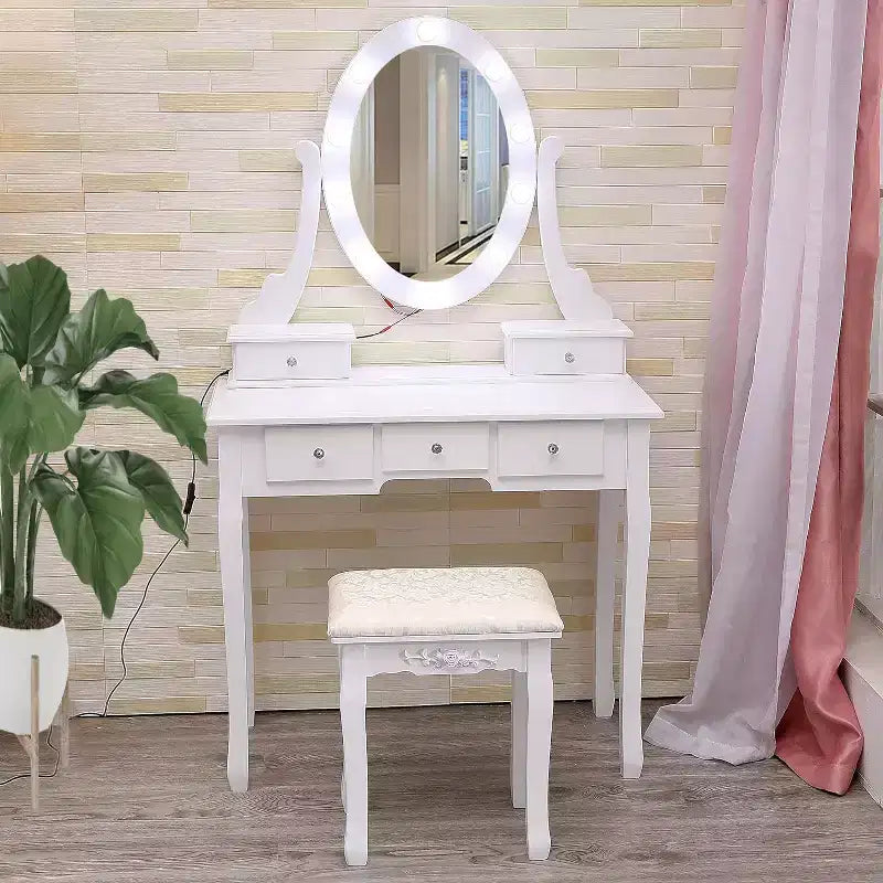 Coiffeuse moderne avec miroir LED, 5 tiroirs de rangement, tabouret moelleux, design convertible, assemblage rapide