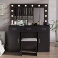 Black Linen Particleboard with Triamine 3 Drawers, 2 Doors, with 12 Tri-color Dimmable Light Bulbs, Rows of Plugs, Glass-topped Vanity Table Set