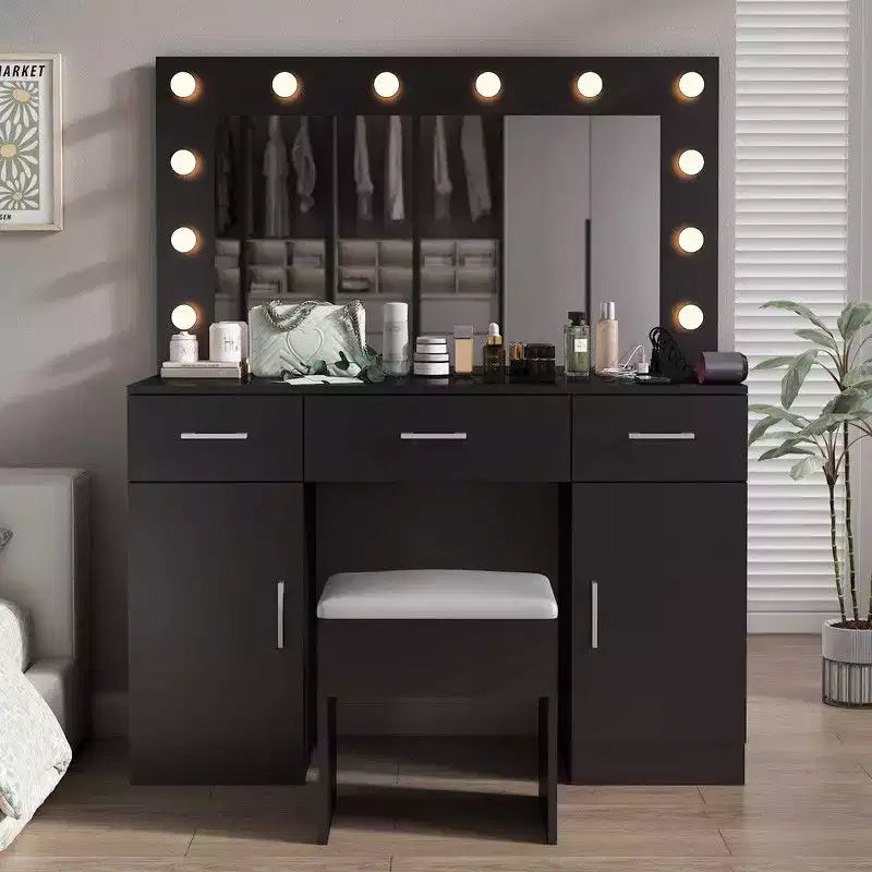 Black Linen Particleboard with Triamine 3 Drawers, 2 Doors, with 12 Tri-color Dimmable Light Bulbs, Rows of Plugs, Glass-topped Vanity Table Set