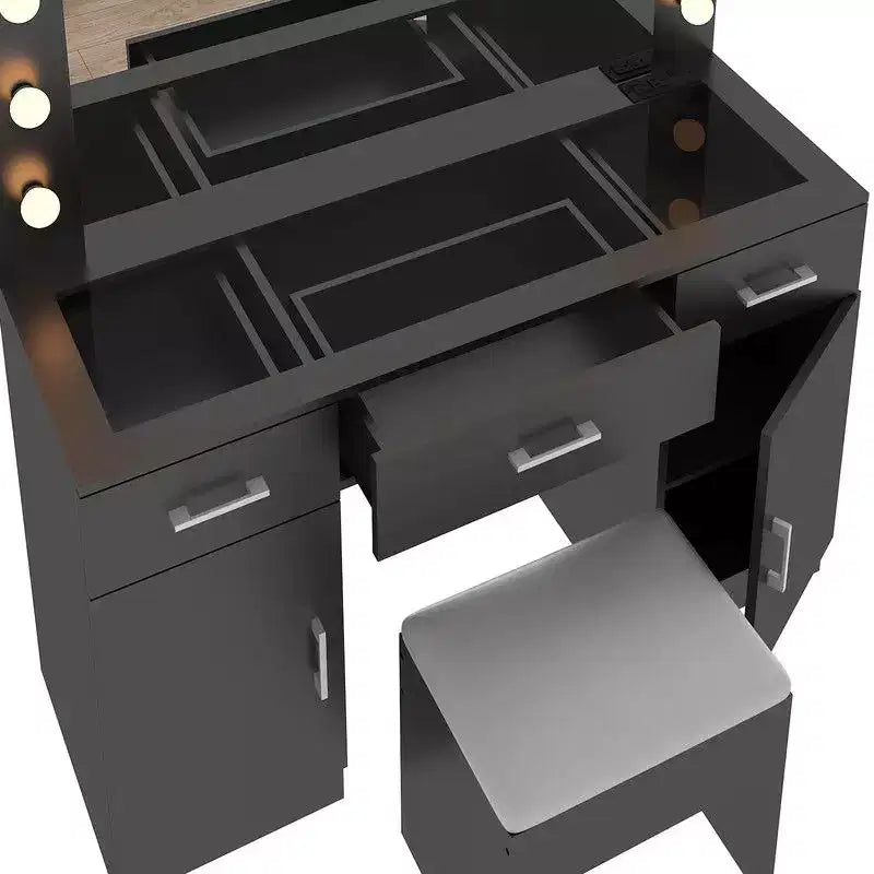 Table de vanité avec plateau en verre, en panneau de particules de lin noir avec triamine, 3 tiroirs, 2 portes, avec 12 ampoules à intensité variable tricolores et plusieurs prises