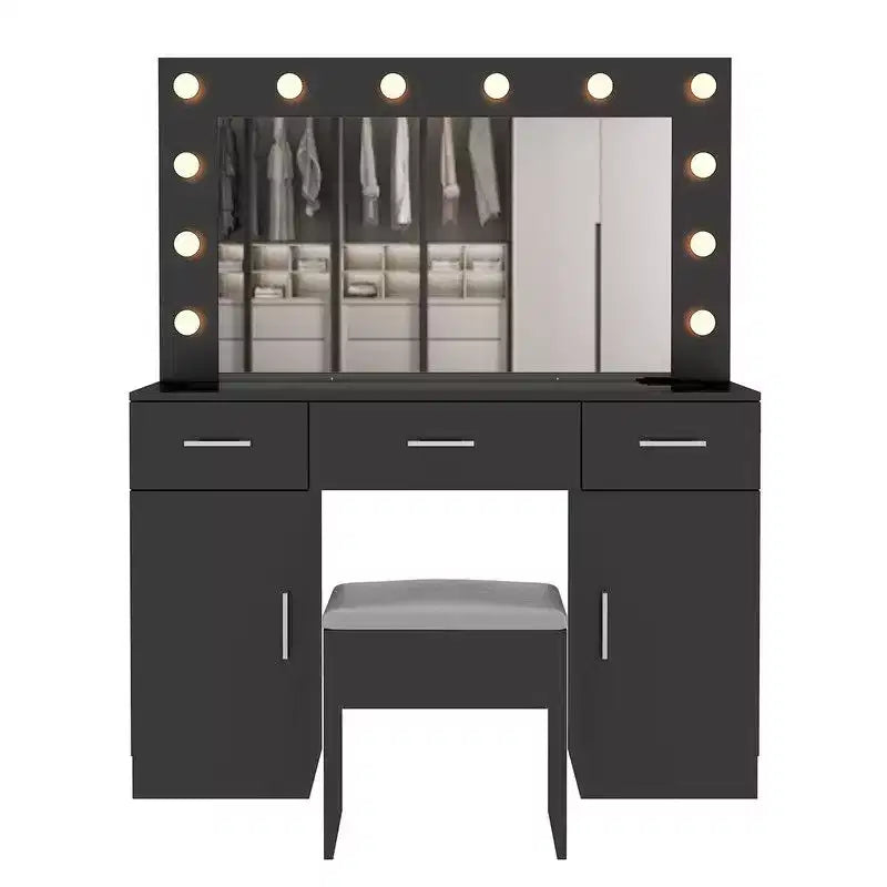 Table de vanité avec plateau en verre, en panneau de particules de lin noir avec triamine, 3 tiroirs, 2 portes, avec 12 ampoules à intensité variable tricolores et plusieurs prises