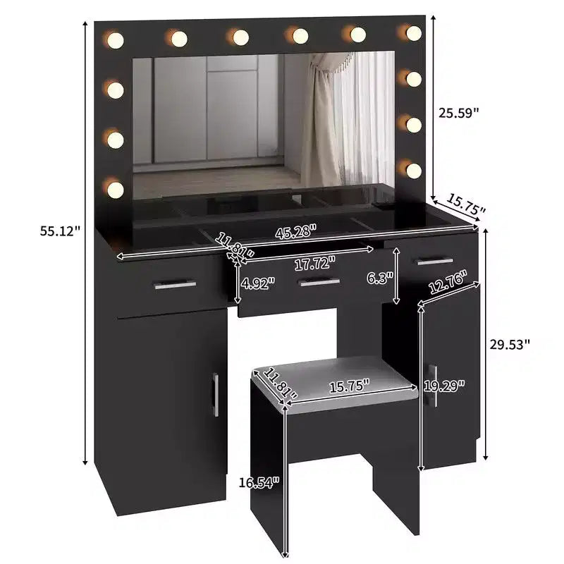Table de vanité avec plateau en verre, en panneau de particules de lin noir avec triamine, 3 tiroirs, 2 portes, avec 12 ampoules à intensité variable tricolores et plusieurs prises