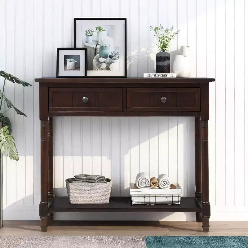 Console rustique de ferme avec 2 tiroirs et étagère inférieure pour salon