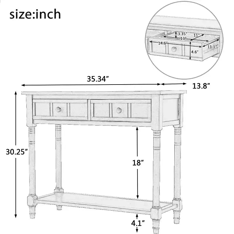 Console rustique de ferme avec 2 tiroirs et étagère inférieure pour salon