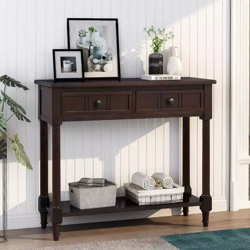 Console rustique de ferme avec 2 tiroirs et étagère inférieure pour salon