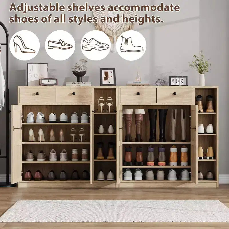 Meuble de rangement pour chaussures - Organisateur moderne avec portes, étagères réglables pour entrée, capacité de 18 à 24 paires, naturel