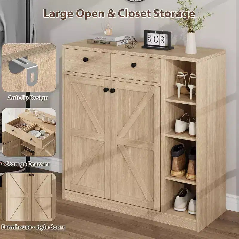 Meuble de rangement pour chaussures - Organisateur moderne avec portes, étagères réglables pour entrée, capacité de 18 à 24 paires, naturel