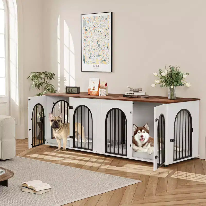 71 Dog Crate Furniture - Dual Kennel with Divider, Wooden Dog House & TV Stand for Large Dogs