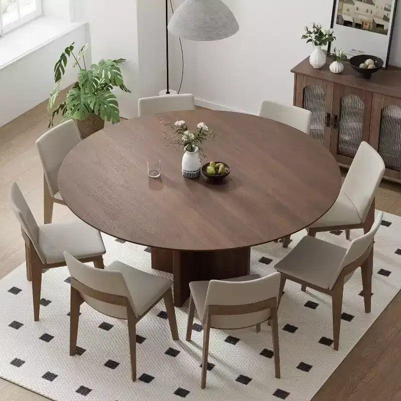 PexFix 59 x 59 Solid Wood Round Dining Table with Walnut Finish and Elegant Arched Legs for Modern Dining Rooms & Kitchens