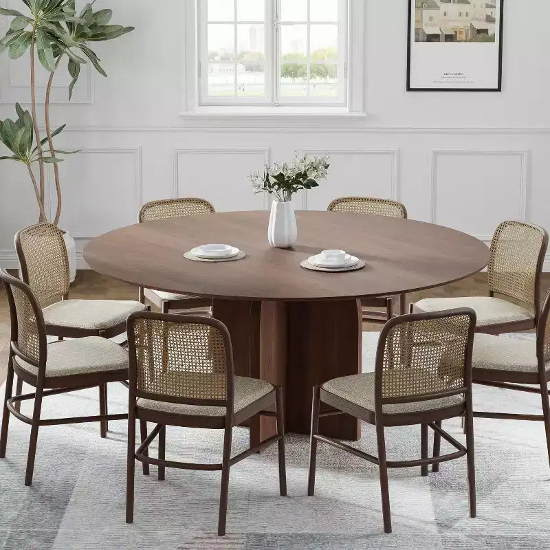 Table de salle à manger ronde 59 x 59 en bois massif avec finition noyer et pieds élégants arqués pour salles à manger et cuisines modernes