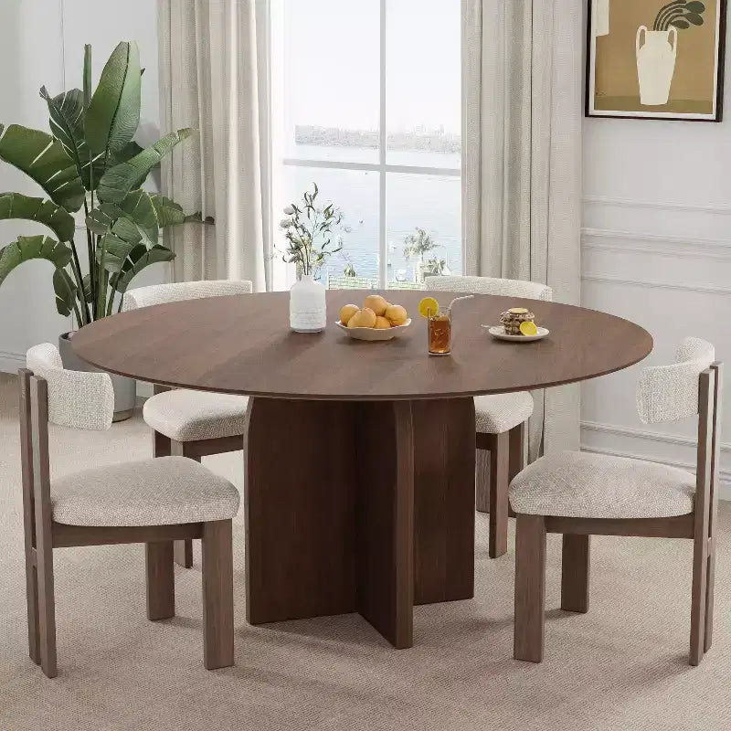 Table de salle à manger ronde 59 x 59 en bois massif avec finition noyer et pieds élégants arqués pour salles à manger et cuisines modernes