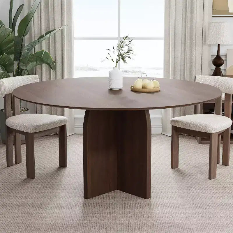 Table de salle à manger ronde 59 x 59 en bois massif avec finition noyer et pieds élégants arqués pour salles à manger et cuisines modernes
