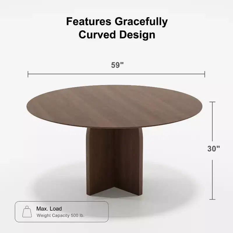 Table de salle à manger ronde 59 x 59 en bois massif avec finition noyer et pieds élégants arqués pour salles à manger et cuisines modernes