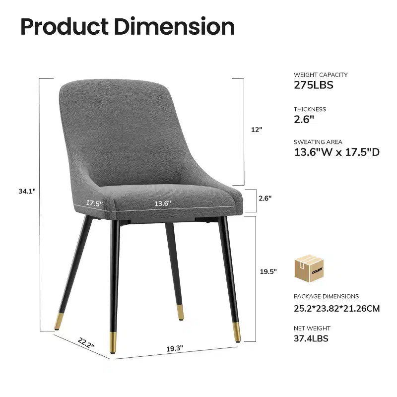 Chaise de salle à manger moderne capitonnée, chaise d'appoint de cuisine avec pieds en métal pour cuisine, salle à manger ou café
