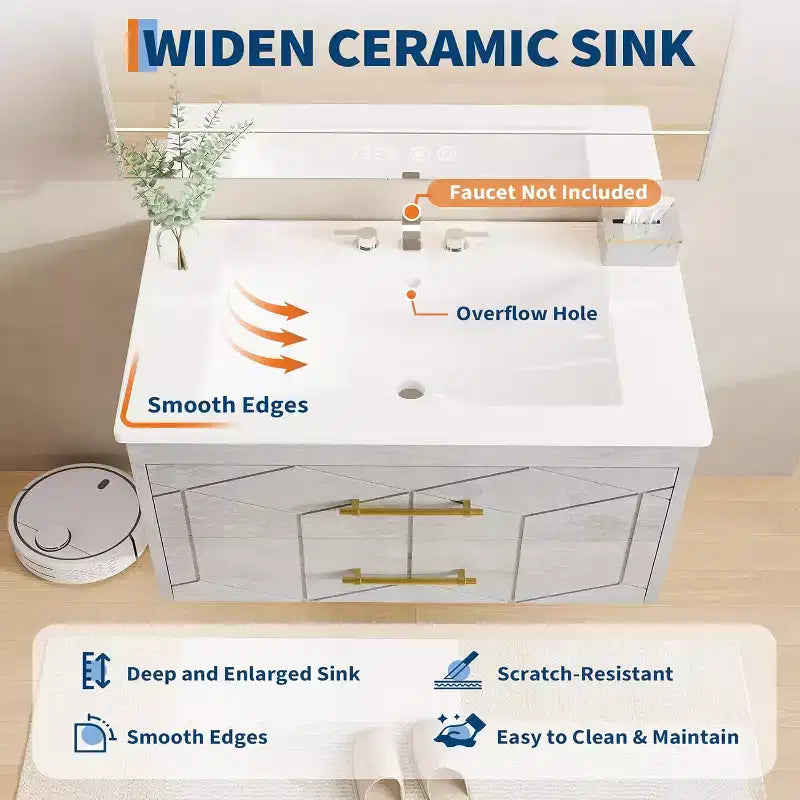 Meuble-lavabo flottant 30 po avec vasque – Vasque en céramique, 2 tiroirs à fermeture amortie avec poignées dorées, assemblage facile