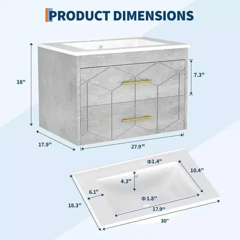 Meuble-lavabo flottant 30 po avec vasque – Vasque en céramique, 2 tiroirs à fermeture amortie avec poignées dorées, assemblage facile