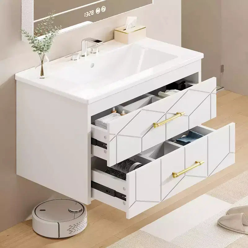 Meuble-lavabo flottant 30 po avec vasque – Vasque en céramique, 2 tiroirs à fermeture amortie avec poignées dorées, assemblage facile
