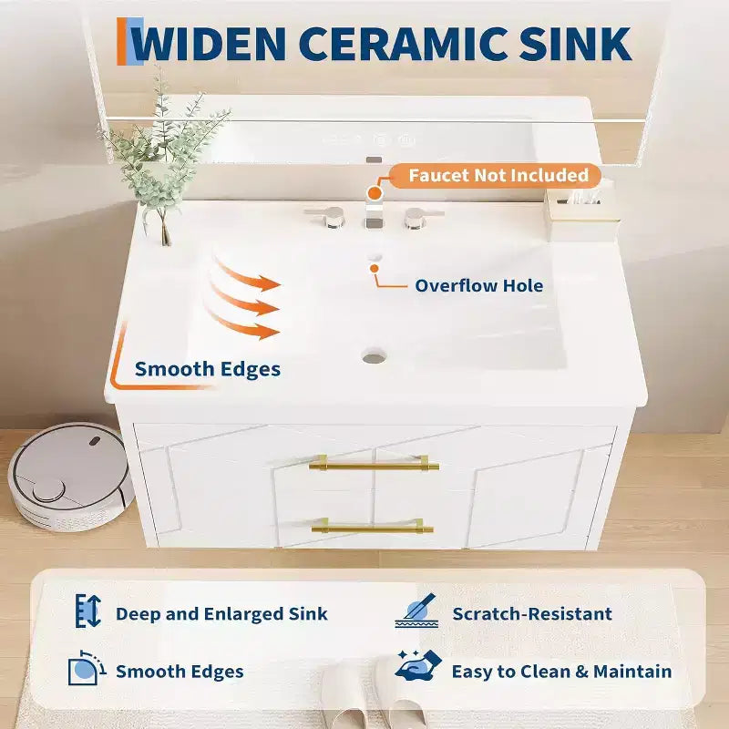 Meuble-lavabo flottant 30 po avec vasque – Vasque en céramique, 2 tiroirs à fermeture amortie avec poignées dorées, assemblage facile