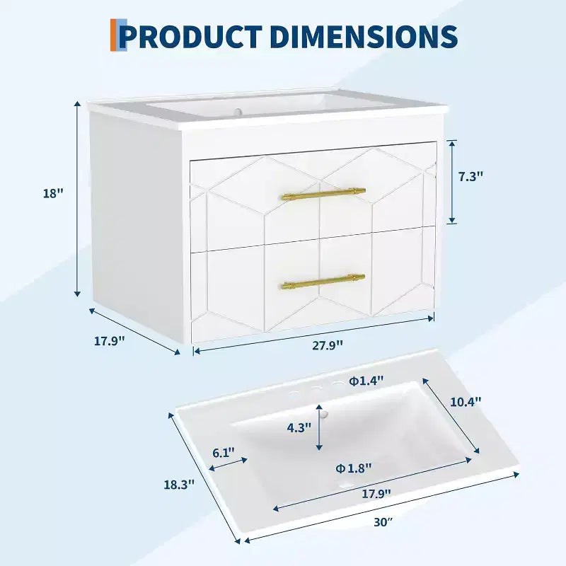 Meuble-lavabo flottant 30 po avec vasque – Vasque en céramique, 2 tiroirs à fermeture amortie avec poignées dorées, assemblage facile