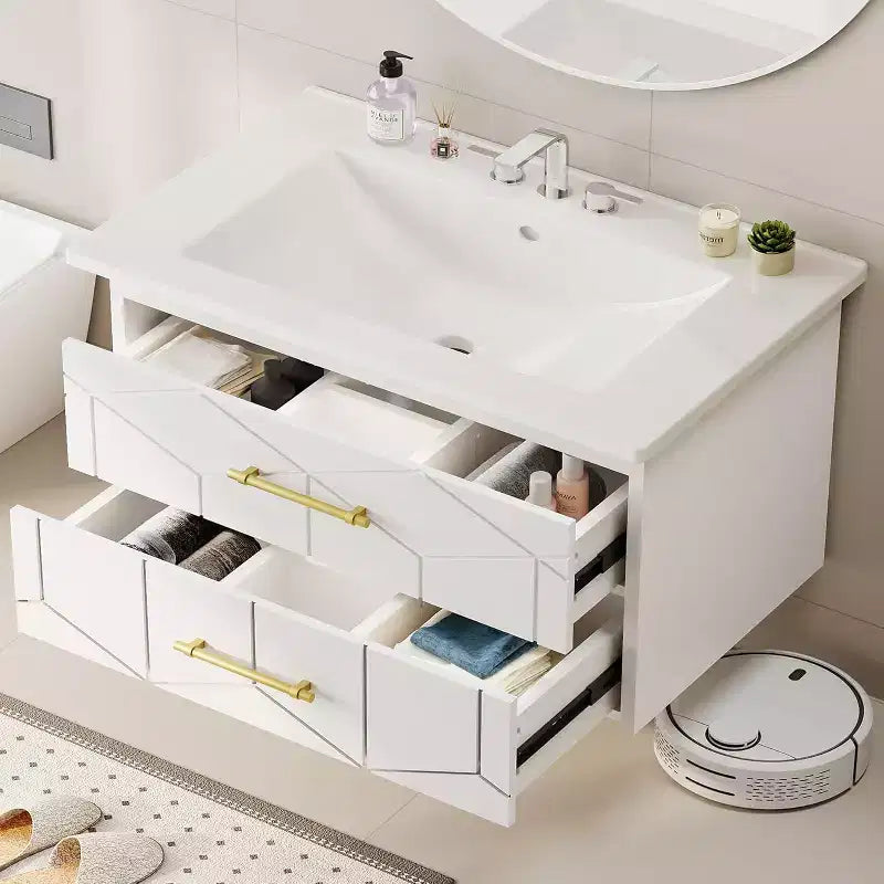 Meuble-lavabo flottant 30 po avec vasque – Vasque en céramique, 2 tiroirs à fermeture amortie avec poignées dorées, assemblage facile