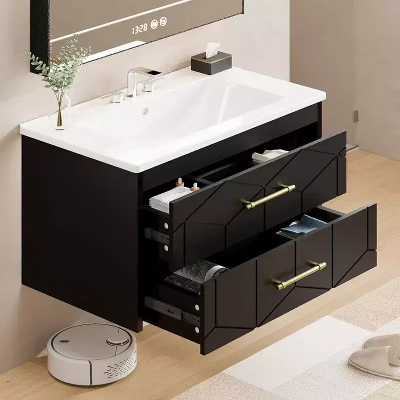 Meuble-lavabo flottant 30 po avec vasque – Vasque en céramique, 2 tiroirs à fermeture amortie avec poignées dorées, assemblage facile