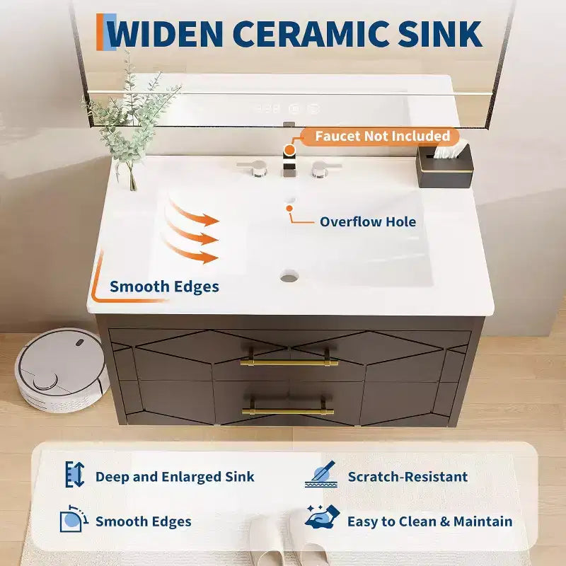 Meuble-lavabo flottant 30 po avec vasque – Vasque en céramique, 2 tiroirs à fermeture amortie avec poignées dorées, assemblage facile