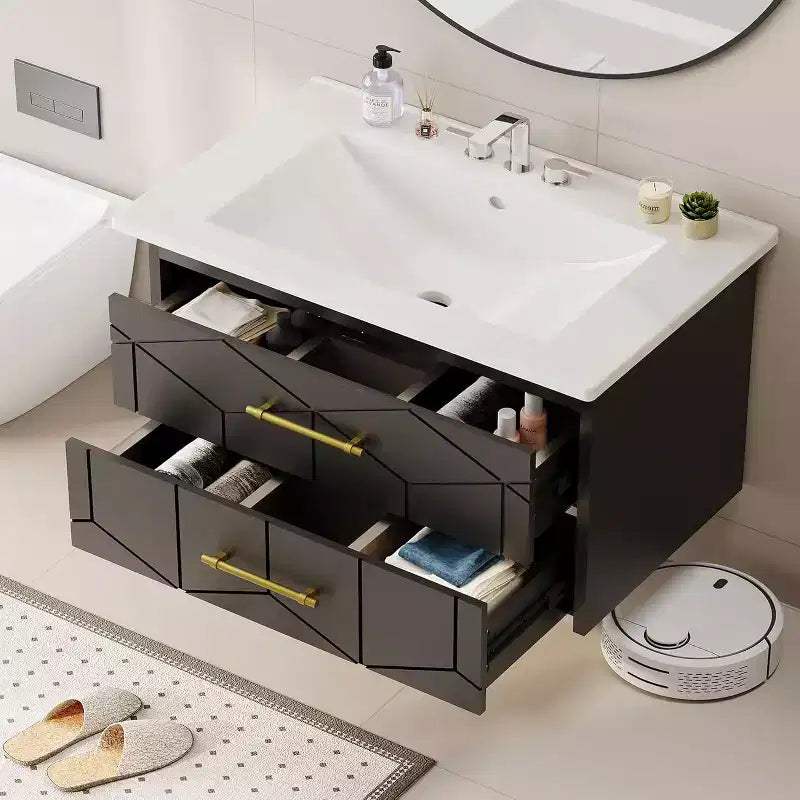 Meuble-lavabo flottant 30 po avec vasque – Vasque en céramique, 2 tiroirs à fermeture amortie avec poignées dorées, assemblage facile
