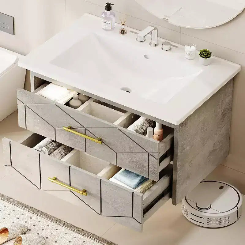 Meuble-lavabo flottant 30 po avec vasque – Vasque en céramique, 2 tiroirs à fermeture amortie avec poignées dorées, assemblage facile