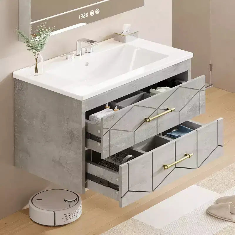 Meuble-lavabo flottant 30 po avec vasque – Vasque en céramique, 2 tiroirs à fermeture amortie avec poignées dorées, assemblage facile