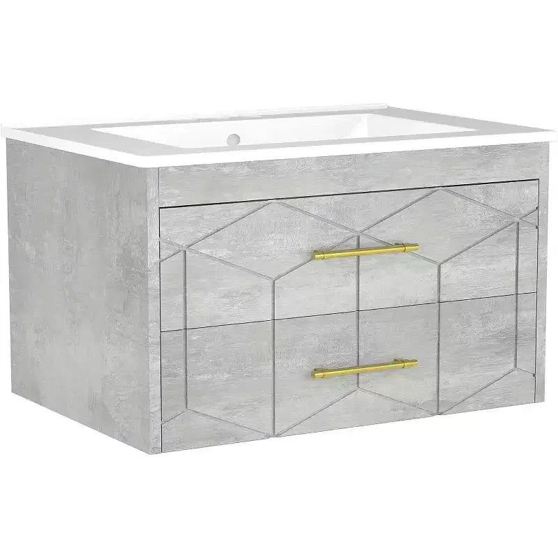 Meuble-lavabo flottant 30 po avec vasque – Vasque en céramique, 2 tiroirs à fermeture amortie avec poignées dorées, assemblage facile