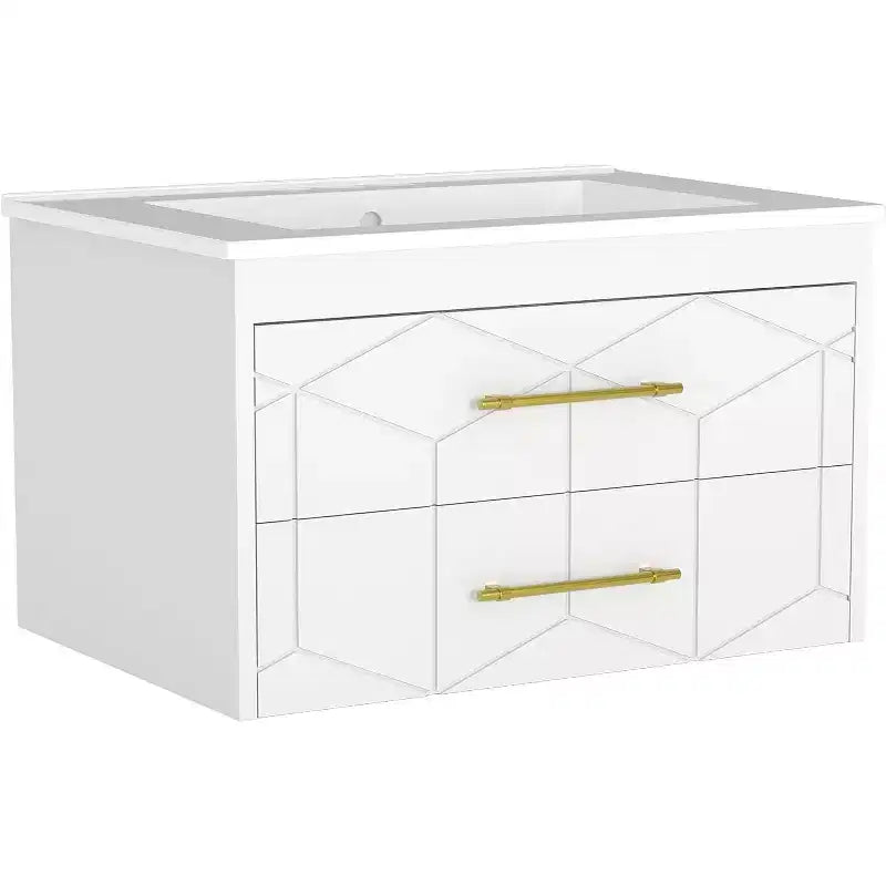 Meuble-lavabo flottant 30 po avec vasque – Vasque en céramique, 2 tiroirs à fermeture amortie avec poignées dorées, assemblage facile